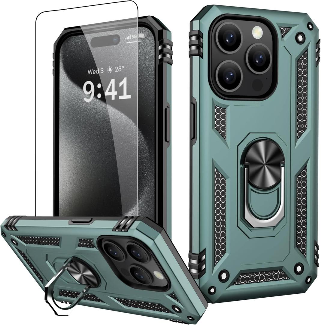 3 x IKAZZ for iPhone 15 Pro Max Case 6.7 Inch with Screen Protector,Military Grade Shockproof Heavy Duty Protective Phone Cover Pass 16ft Drop Test with Magnetic Kickstand Car Mount Holder,Pine Green