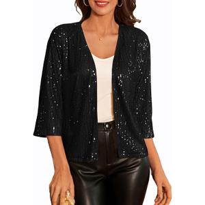 GRACE KARIN 2024 Women's 3/4 Sleeve Sequin Jackets Open Front Sequin Cardigan Sweaters Blazer, Size: Small