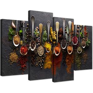 iHAPPYWALL Kitchen Pictures Wall Decor 4 Pieces Couful Spice in Spoon Vintage Canvas Wall Art Food Photos Painting On Canvas Stretched Framed Home Decoration Gift Ready to Hang, 48x32inch