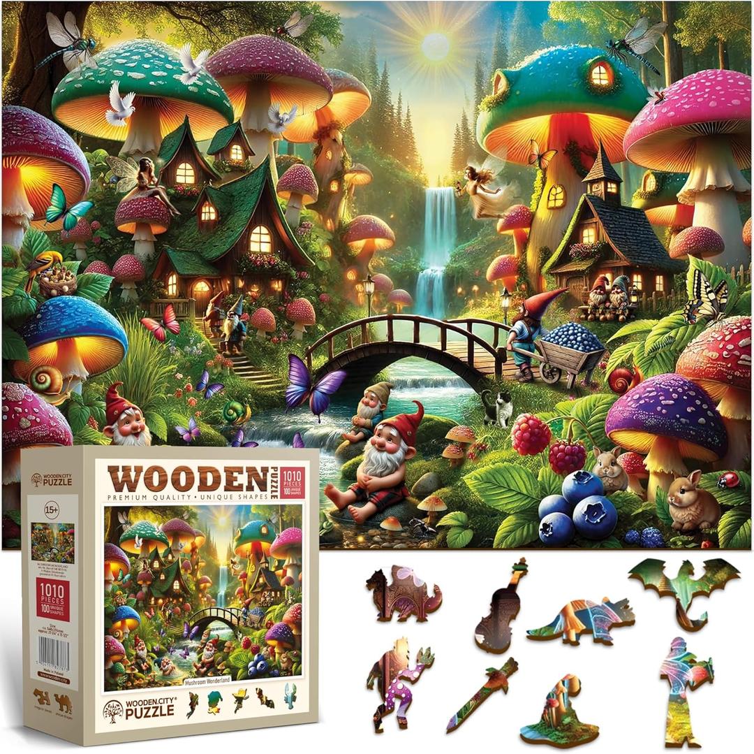 WOODEN.CITY Wooden Puzzle 1000 Pieces Mushroom Wonderland  Premium 1000 Piece Wood Puzzle for Adults with 100 Whimsy Shapes  Made & Designed in EU