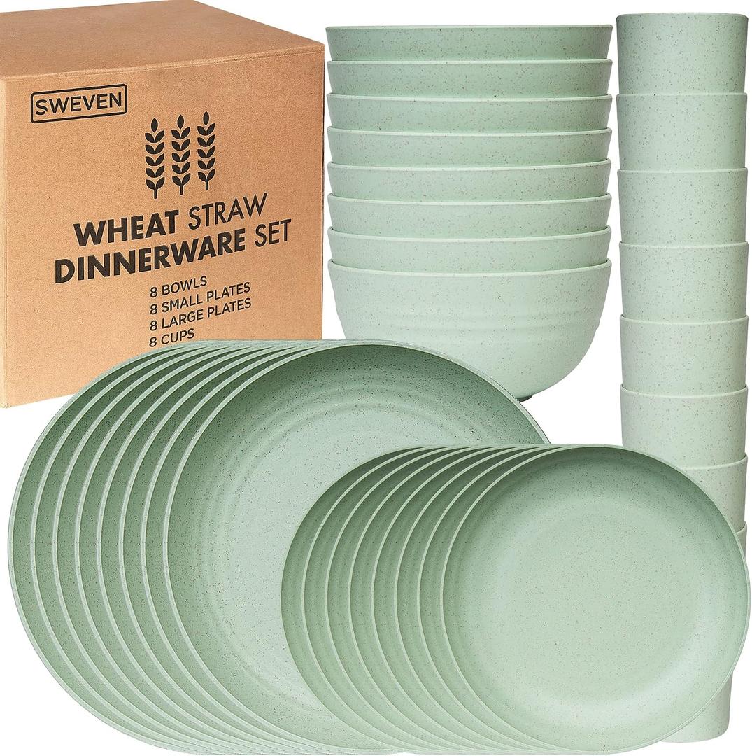 Wheat Straw Dinnerware Sets | Unbreakable Dinnerware Sets | Dishwasher Microwave Safe Dinnerware | Eco Friendly Non Breakable Dinnerware Sets | RV Outdoor Camping Green, Service for 8 (32 pcs)