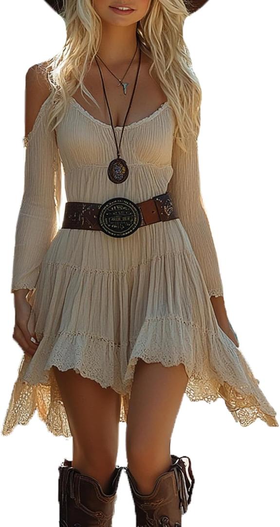 Women's Vintage Short Dress Sexy Strapless Long Sleeve Western Dresses with Adjustable Straps (Large, White)