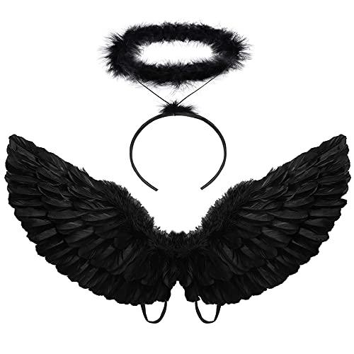 BohoSM Angel costume Wings and Halo Adult Angel costumes Wings for Kids Party Children's Boys Girls Halloween (Black)