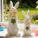 WDS WONDROUS Easter Decorations Bunny Figurines Set, Cream White Bunnies Holding Pastel Flower Bouquets - Cute Spring Home Decor Resin Statue Set of 2, Healing Gift for Desk Wedding (Yellow & Pink Flowers)