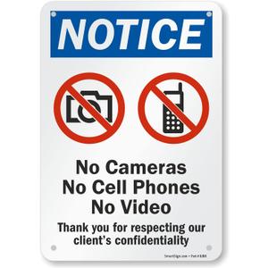 SmartSign - S-8658-AL-10 "Notice - No Cameras, Cell Phones, Video" Sign | 7" x 10" Aluminum Black/Blue/Red on White