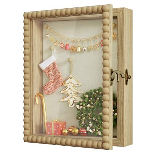Love-KANKEI Shadow Box Frame 8x10,Wood Deep Shadow Box Display Case with Unique Beads Door and Glass Window, Memory Box for Pictures,Medals,Memorabilia,Collections Natural
