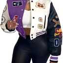 Glitrandi Varsity Jacket Women with Patches Print Cropped Bomber Leather Jacket Women 2025  (Large)