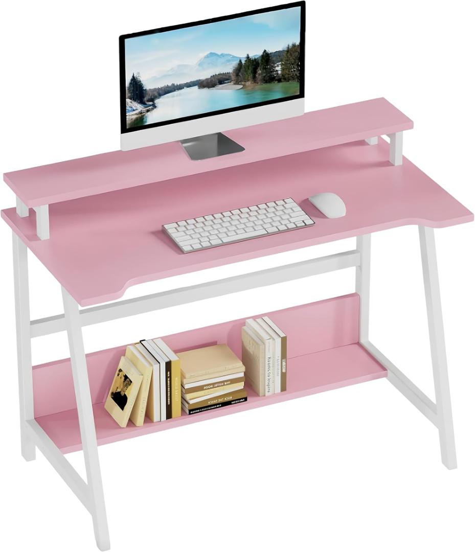 ALISENED 31.5 Inch Small Office Desk with Storage, Small Desk for Small Spaces, Compact Home Office Desk, Mini Study Desk for Bedroom, Pink