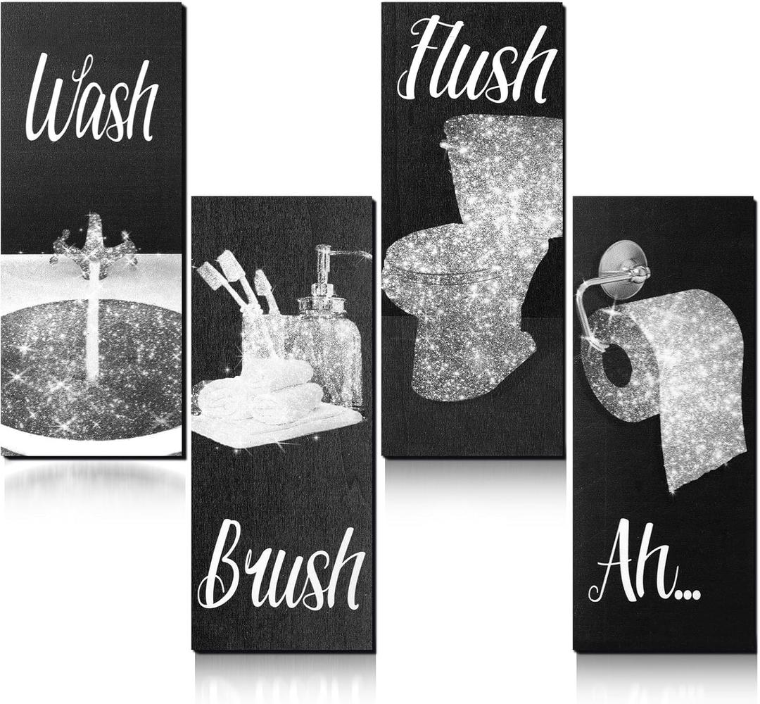 Chinco 4 Pcs Women Funny Wall Art Bathroom Decor 9.84 x 3.94 x 0.2 Inch Glam Bathroom Wall Decor Modern Women Funny Bath Wood Hanging Decoration for Home (Black, White)