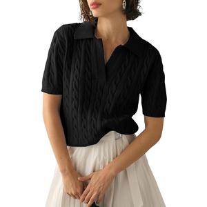 Imily Bela Women's Cable Short Sleeve Sweaters Tops Solid Lapel V Neck Knit Casual Soft Pullover Shirt M