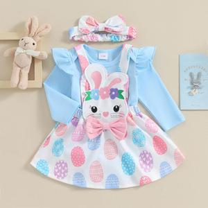 Karuedoo Newborn Baby Girl Easter Outfit Ruffle Long Sleeve Romper Cartoon Bunny Suspender Skirt Set Overall Dress Outfit
 6-9 M
