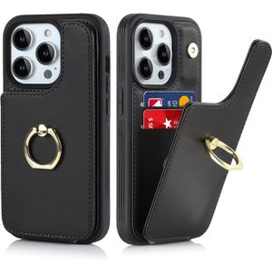 for iPhone 13 Pro Max Case with Card Holder,Credit Card Holder,Ring Stand Kickstand,Flip Shockproof Phone Wallet Case for Women Men (6.7 inch,Black)