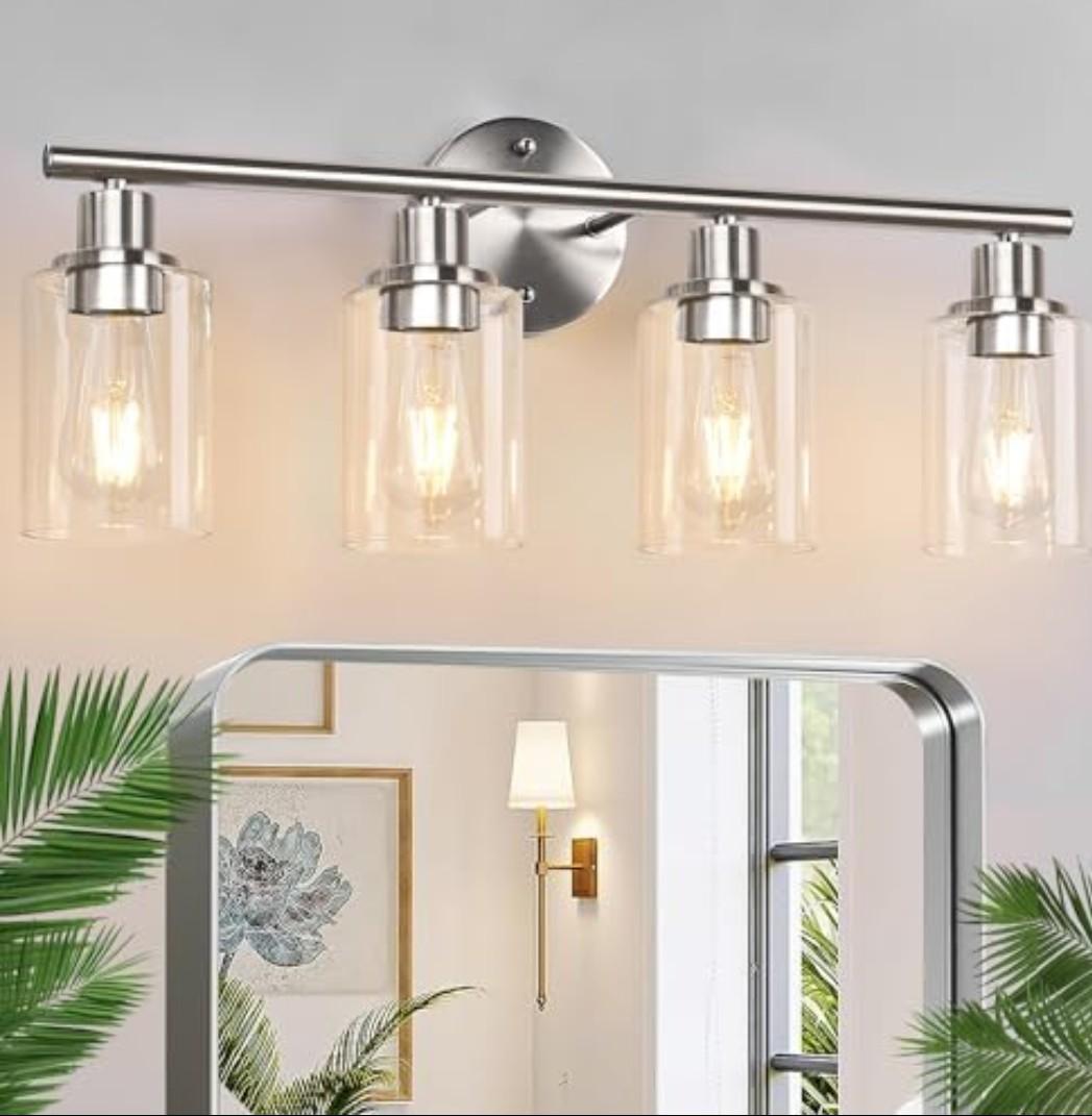 4-Light Bathroom Light Fixtures, Brushed Nickel Modern Vanity Lights Over Mirror with Clear Glass Shade, Bathroom Wall Lamp for Mirror Kitchen Living Room Hallway Cabinet Porch Bedroom Reading room