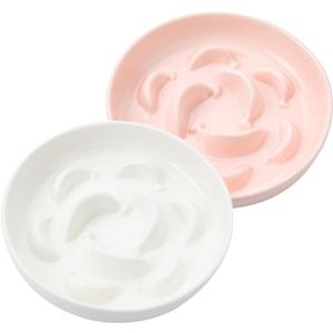 Cat Slow Feeder Bowl Set - 2-Pack Ceramic Cat Dishes for Slow Eating - Whisker-Friendly Cute Maze Bowls for Dry & Wet Food - Microwave & Dishwasher Safe - White and Pink