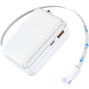 YKZ 10000mAh Portable Charger with Built-in Retractable C Cable, Fast Charging Power Bank with USB-C & USB-A Output, Compact Battery Pack for Travel, Flight Approved