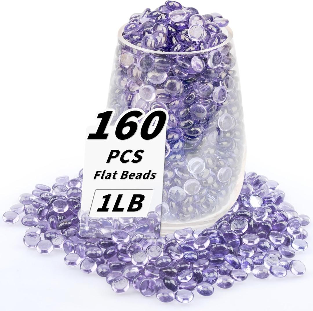 1 LB Purple Flat Glass Beads, 160-180PCS Small Glass Marbles, Mini Flat Round Pebbles for Vase Filler and Floral, Fish Tank Rocks Decorative Gemstones for Home and Aquarium Dcor
