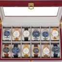 Premium Rosewood Watch Case with Glossy Finish - 12 Slots Watch Box with Glass Lid - Luxury Watch Holder Organizer for Men & Women's Jewelry Display - Ideal Gift for Watch Display & Storage