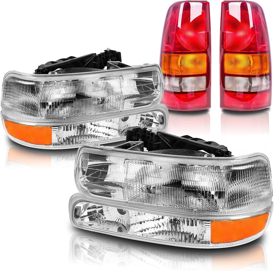 Headlights + Tail lights Assembly OE -Style Compatible with 1999 2000 2001 2002 Chevy Silverado 1500 2500, Headlamp with Bumper Lights Rear Tail lights