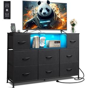 WLIVE Black TV Stand for 45, 50, 55 inch TV, Entertainment Center with LED Lights & Charging Station, TV Media Console Table with 8 Fabric Drawers and Open Shelves for Living Room, Hallway, Wood Top
