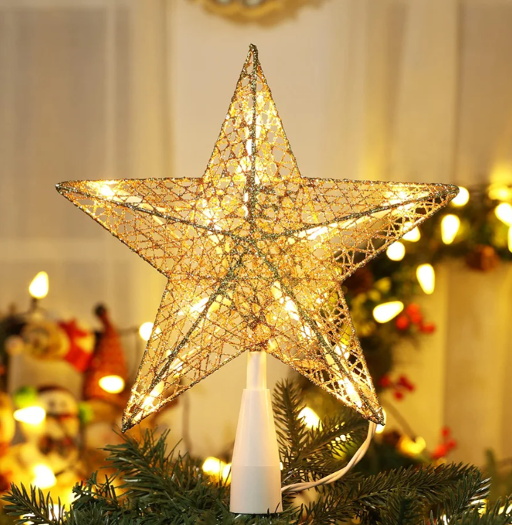 BrizLabs Christmas Tree Topper Lights, 9“ Plug in Christmas Star Treetop Light, UL Certified 10 Warm White Xmas Star Topper Lights for Indoor Home Party Christmas Tree Decor