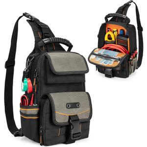 Electrician Tool Pouch Bag, Zippered HVAC Tool Organizer with Ergonomic Handle and Shoulder Strap for Maintenance Repair Technicians, Black