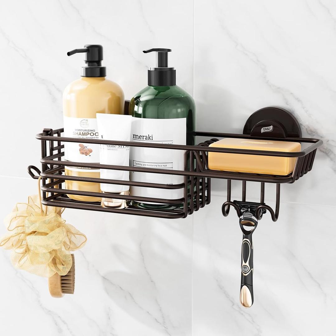 TAILI Shower Caddy Suction Cup with Hooks & Soap Holder, Heavy Duty Bathroom Shower Organizer, No Drilling Shelves for Inside Bathroom, Brown Metal Storage Holder