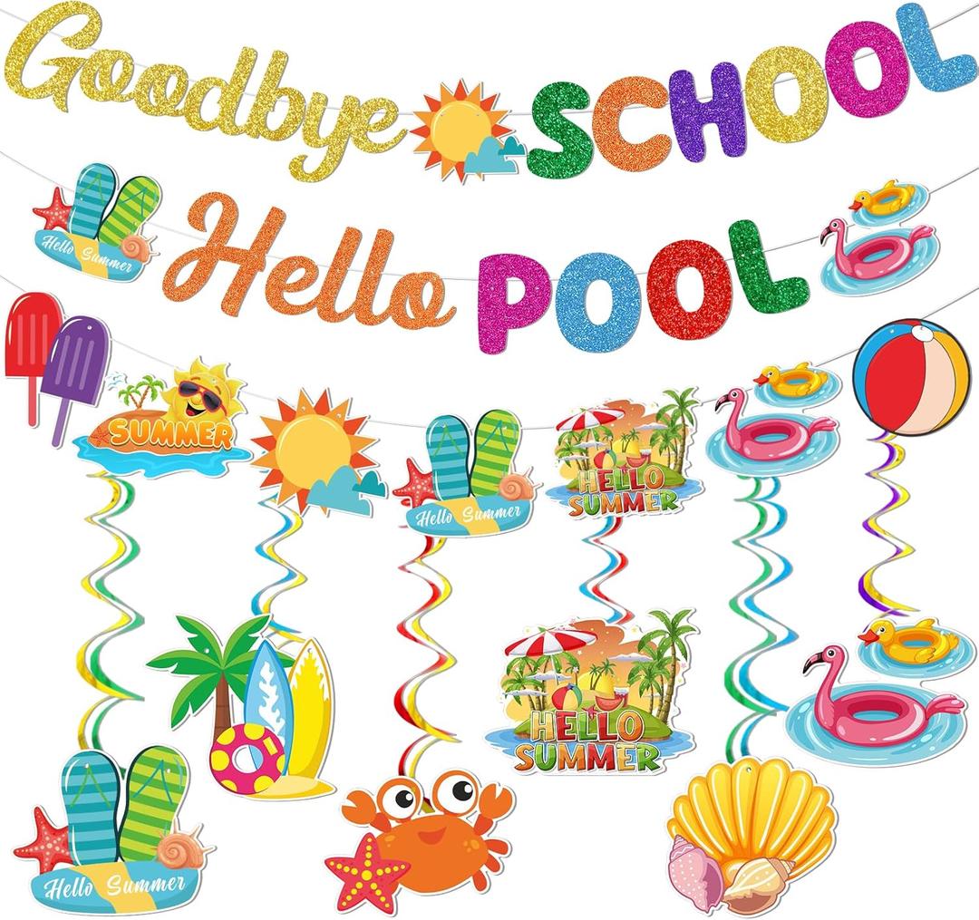 Goodbye School Hello Pool Banner Summer Party Decorations End of School Year Party Decorations Schools Out for Summer Decorations Last Day of School Decorations Pool Party Decorations