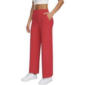 Wide Leg Yoga Pants with Pockets for Women High Waisted Casual Dresses Pants (Red, L)