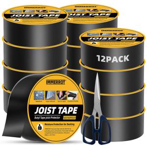 12 Pack Joist Tape for Decking 1-5/8" x 50' Weather-Resistant Butyl Joist Tape, Self Adhesive Deck Flashing Tape for Wood Decks Beams Roof, 1-5/8 inch x 50 feet