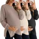 3 Pack Women's Maternity Shirts Long Sleeve Waffle Knit Side Split Oversized Tops Pregnancy Clothes Fall Tees (Large, Khaki, Apricot, Black)