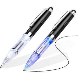 Penyeah Pen with Light and Stylus Tip 2 Pack, 3 in 1 Light Up Pens With Rubber Stylus for Touchscreens, Retractable Light Pen for Writing in The Dark - White+Blue