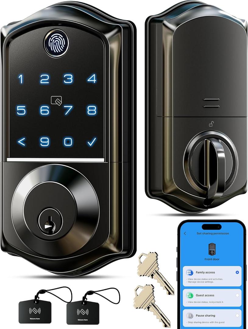 Veise VE017 Fingerprint Smart Door Lock, App Control, 7-in-1 Keyless Entry, Auto Lock, Emergency Power Port, Electronic Touchscreen Keypad, Biometric Smart Locks for Front Door, Matte Black
