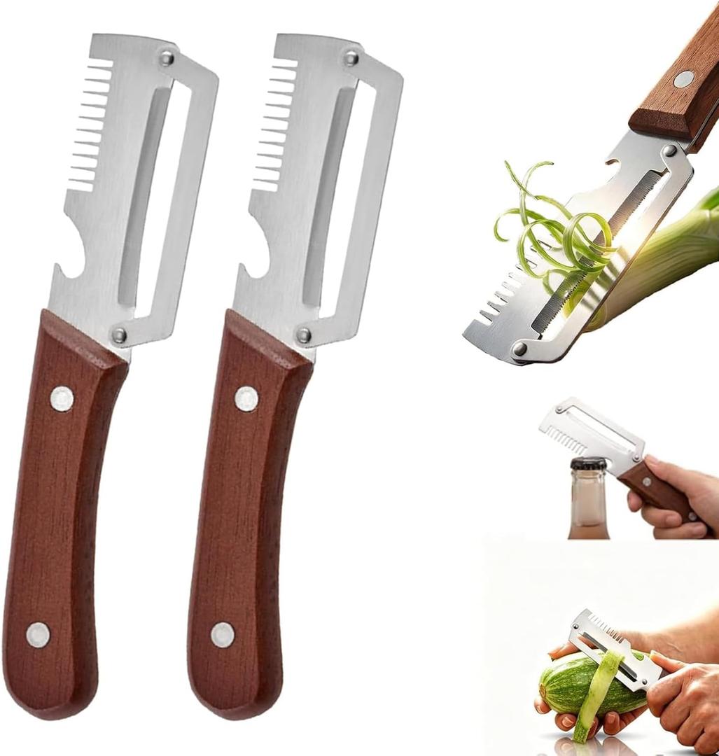 2 x Multi-Functional Vegetable Peeler with Wooden Handle,3-in-1 Stainless Steel Stainless Steel Veggie Cutter with Bottle Opener,Kitchen Tool for Fruit Veggie Pumpkin That Need to Be Peeled(2PCS)