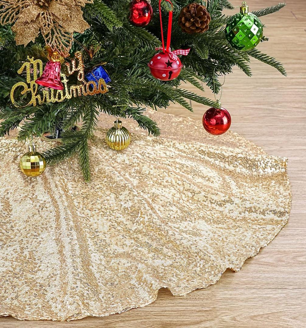 B-COOL 36inch Tree Skirt Sequin Trees Mats Christmas Champagne Pencil Tree Skirts Knit Mats for Christmas Holiday Party Decorations