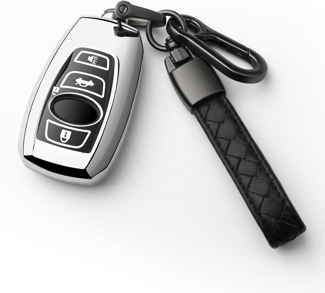 Autophone Compatible with Subaru Key Fob Cover With Leather Keychain Soft TPU 360 Degree Protection Key Case For Forester CrossTrek Outback WRX Ascent BRZ Impreza Legacy Smart KeySilver