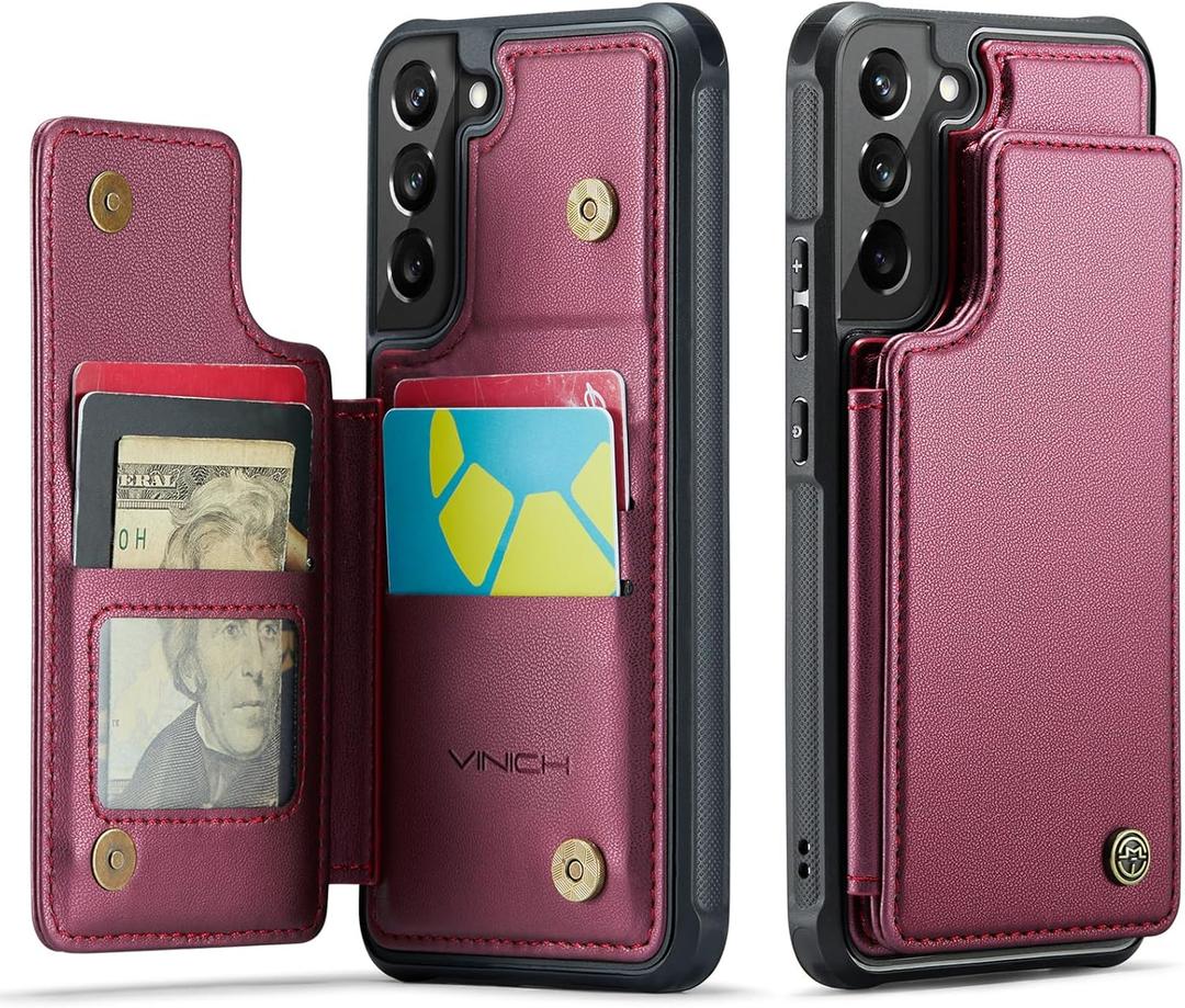 Vinich for Samsung Galaxy S22 Wallet Case with Card Holder, RFID Blocking Credit Slots Kickstand Shockproof Phone Cover Fit for Galaxy S22 6.1" Wine Red