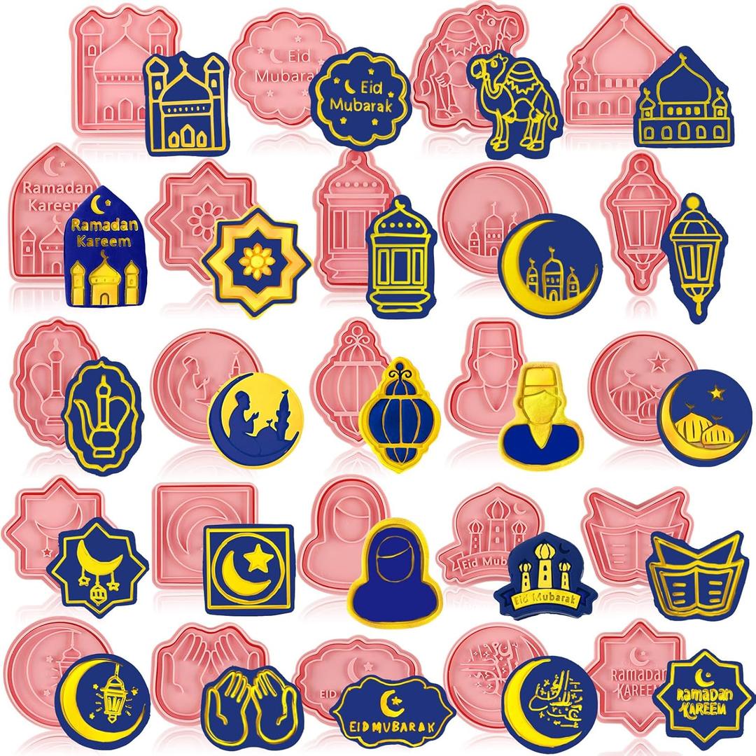Roshtia 24 Pcs Eid Mubarak Cookie Cutter Ramadan Mubarak Plastic Cookie Stamps Eid Prayers Moon Mould Press Castle Cream Light Plastic Biscuit Cutters Embossing Mold for Baking Fondant Supplies