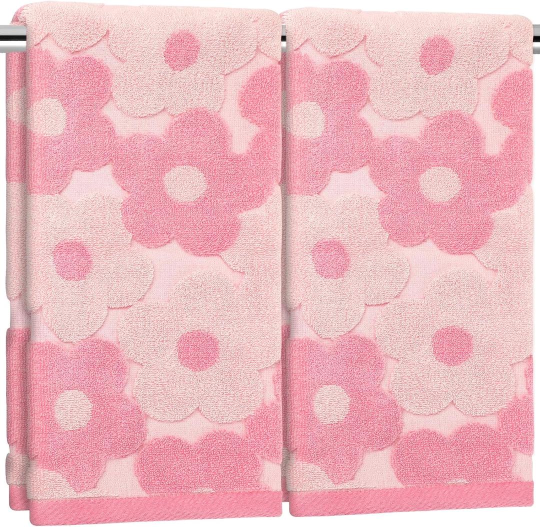 FYSUIMU 2 Pcs Pink Floral Hand Towels 3D Jacquard Cotton Bath Towel Spring Flower Absorbent Dish Towels for Housewarming Home Kitchen Bathroom Decor Gift Set, 29.5 x 13.7 Inch