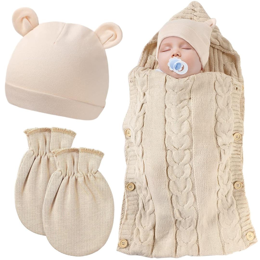 Zhanmai Newborn Baby Wrap Swaddle Blanket Knit Sleeping Bag Receiving Blankets Stroller Wrap Hat Mitten for Baby 9-12 Months