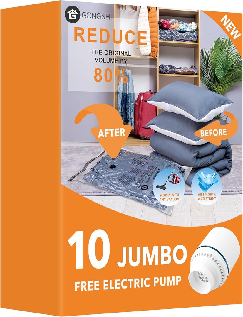 GONGSHI Vacuum Storage Bags, Space Saver Bags for Clothing,Blankets,Comforters, Pillows, Clothes,Travel,10 Jumbo-EPUMP