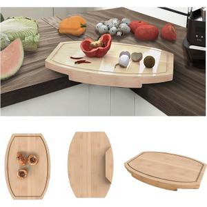 Kitchen Counter Bamboo Wood Corner Cutting Board, Space Saving Countertop Chopping Board with Juice Groove, 15.74"L x 11.02"W x 1.37"Th