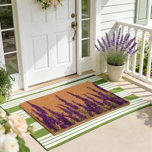 2 PCS Lavender Floral Welcome Door Mat Set, 17"x30" Coir Doormat with Non-Slip Backing & Green White Striped Mat, Farmhouse Spring Doormat for Front Porch, Patio, Entryway Spring Home Decor