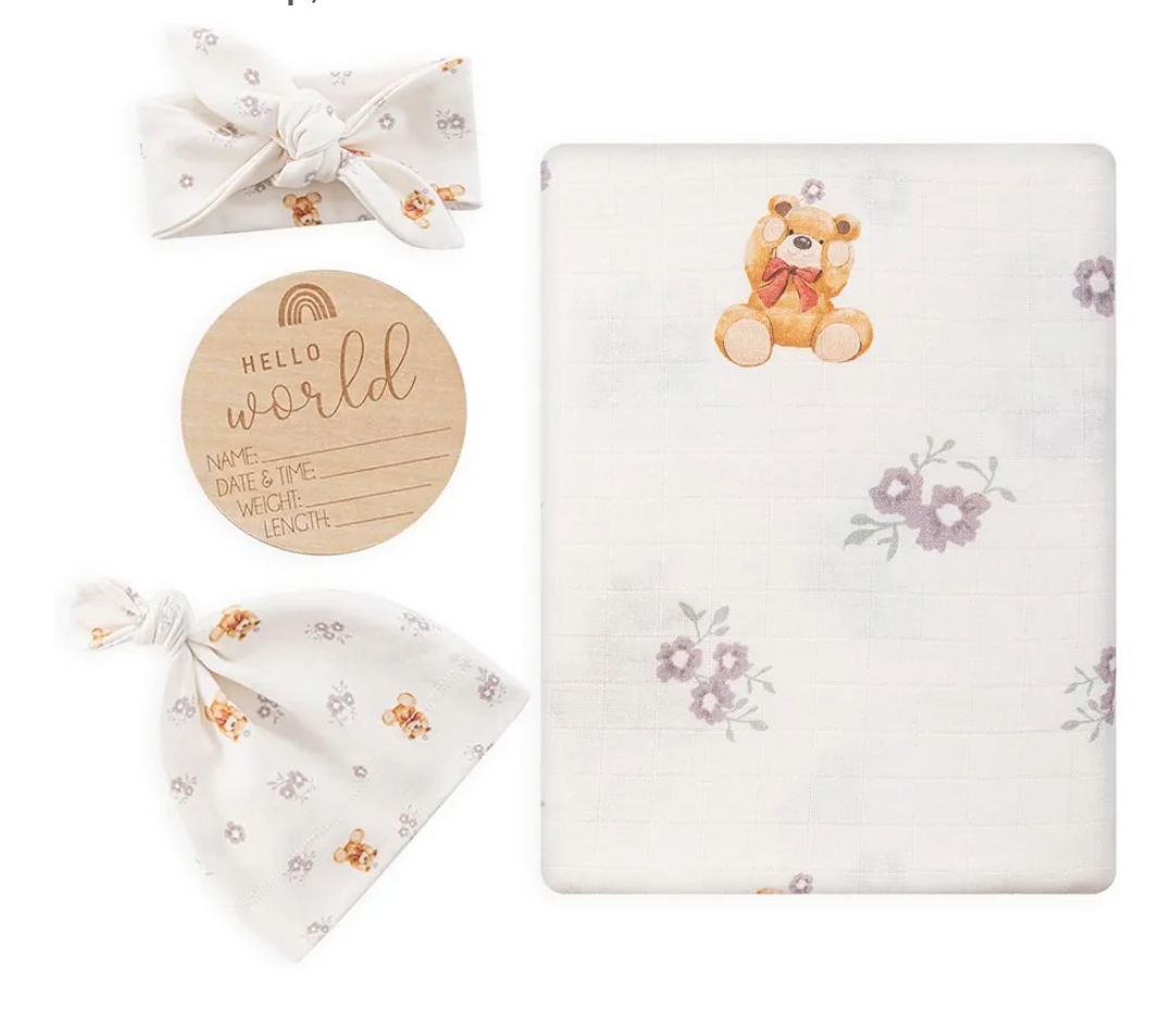 BabyWhale Muslin Swaddle Blanket with Hat and Headband Bow, Flower and Bear Print Swaddle Set for Baby Boys ＆ Girls, Soft Breathable Unisex Receiving Blanket Wrap, 47x47 inches