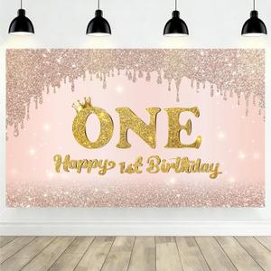 Happy 1st Birthday Backdrop for Girls, Pink Rose Gold Sparkle Crown First Birthday Photo Background, Onederful Birthday Party Decorations, 71×43 Inch