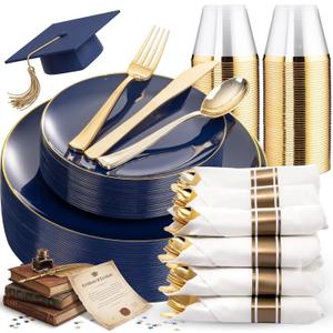 KIRE 175Pcs Blue Plastic Plates - Navy Blue Plates Disposable - 25 for Dinner 25 for Dessert 25 Pre Rolled Napkins with Gold Plastic Silverware and 25 Cups for Birthday/Wedding/Memorial Day/Graduation