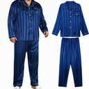 2 x Men's Silky Satin Pajama Sets Mens Sleepwear Big and Tall Pajamas for Men Loungewear Summer Pjs Lounge Set M-5XL (Blue, XL)