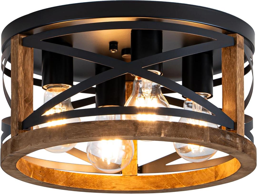 Farmhouse Light Fixtures, 4-Light Round Flush Mount Ceiling Light with Wood and Metal Frame, Black Rustic Ceiling Light for Hallway, Entryway, Bedroom, Kitchen (Black)