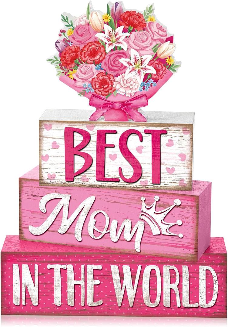 Yousoontic 4 Pcs Mother's Day Wooden Table Decor, Best Mom in the World Tiered Blocks Sign Pink Floral Tabletop Home Decoration Gift for Mom, Rose Bouquet Shelf Centerpiece for Birthday Celebration