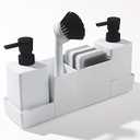 Kitchen soap Dispenser with Sponge Holder Set for Sink Caddy (Double soap dispensers and 1 Brush) Matte White