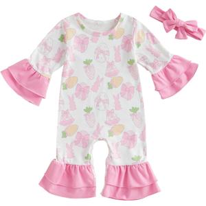 My First Easter Baby Girl Outfit Bunny Egg Ruffle Romper Long Sleeve Flare Jumpsuit with Headband Newborn Clothes (Pink, 12-18 Months)